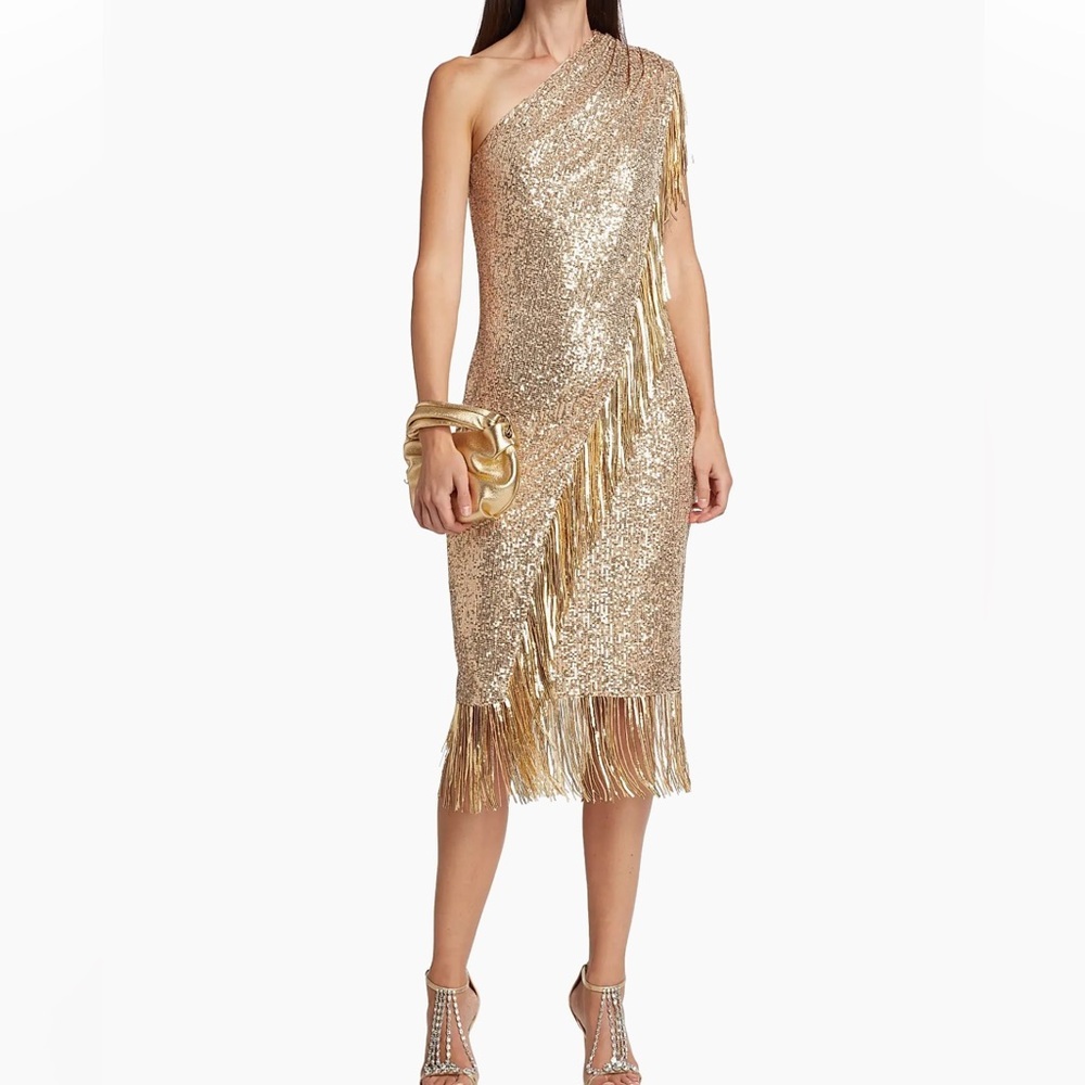 Badgley Mischka Fringe-Trim Sequined Cocktail Dress in Gold